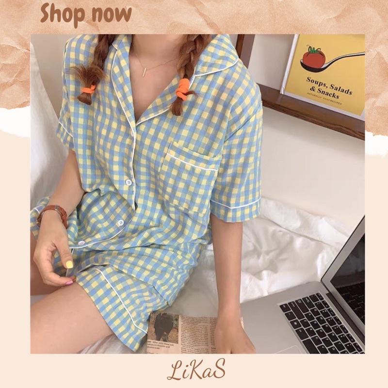 Đồ ngủ / Bộ ngủ pijama hoạ tiết kẻ caro mùa hè thoải mái ( SẴN )