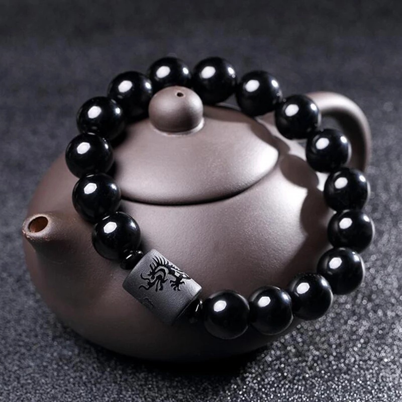 Vòng Tay Chuỗi Hạt Đá Obsidian Màu Đen Kích Thước 6/8/10/12mm Phong Cách Unisex