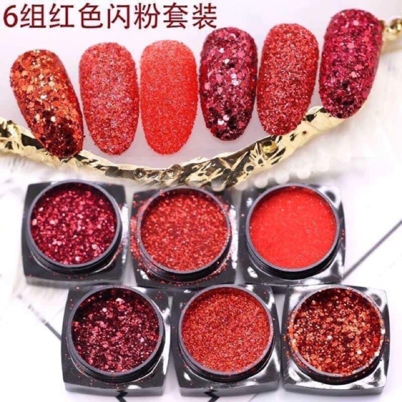 Set nhũ rắc 6 hũ trang trí móng màu đỏ