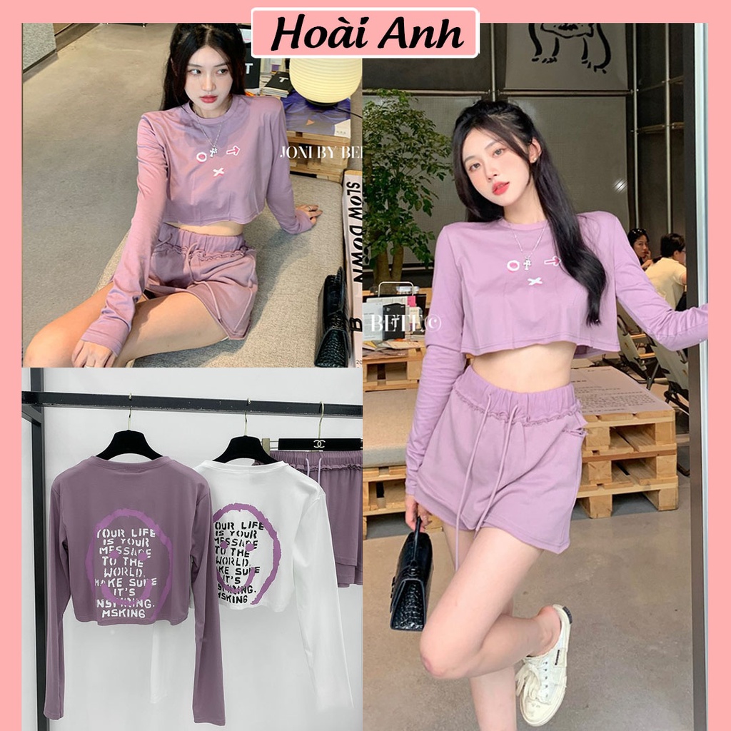 Set Bộ Croptop Nữ Áo Croptop Tay Dài Hoạ Tiết Mix Quần Giả Váy Cắt Hông Freesize