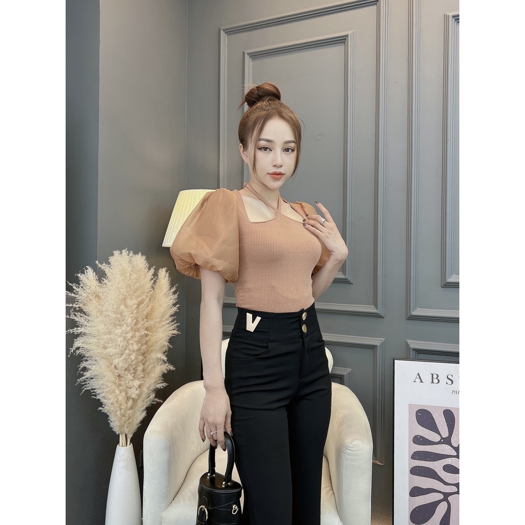 Áo thun cổ yếm nữ CRAZYTEEN tay bồng sang trọng AT0287