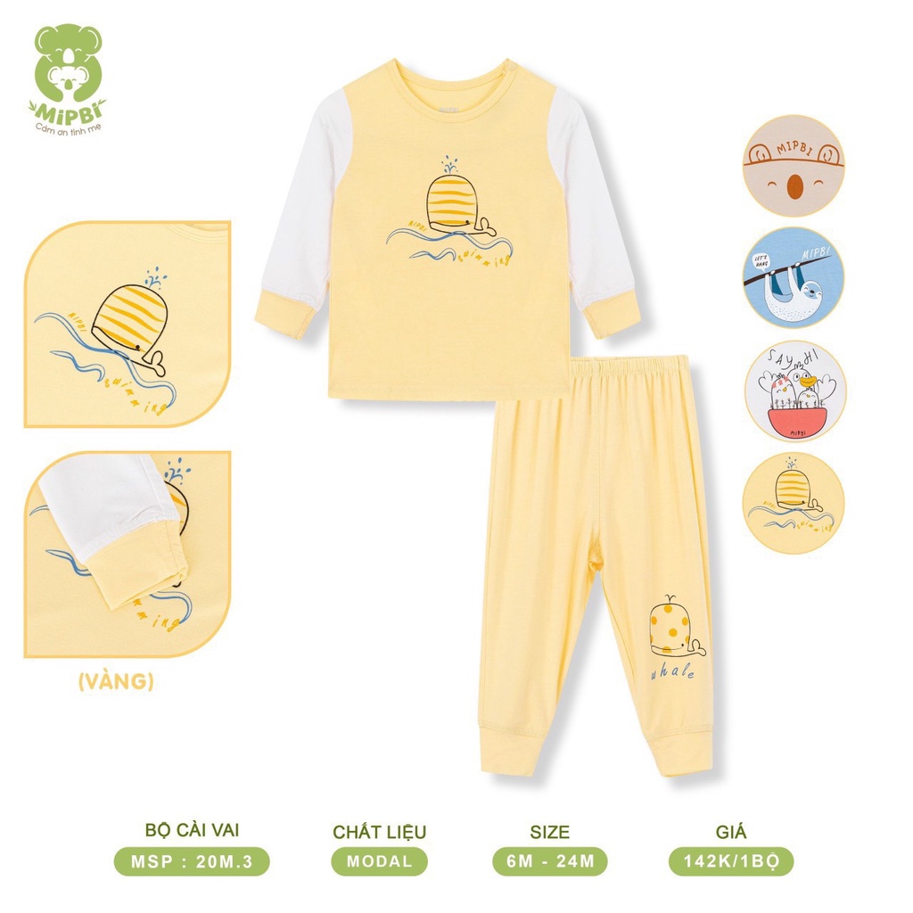 MIPBI Bộ quần áo dài tay cài vai chất vải gỗ sồi, form rộng cho bé hàng Chính hãng