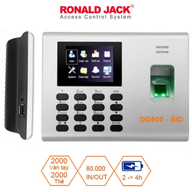 [Mã ELMS5 giảm 7% đơn 300K] Máy chấm công vân tay Ronald Jack DG 600-BID - PIN lưu điện đến 4h