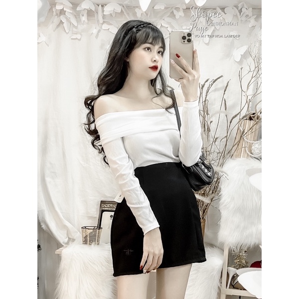 Set áo bẹt vai bo tay dài phối chân váy thêu