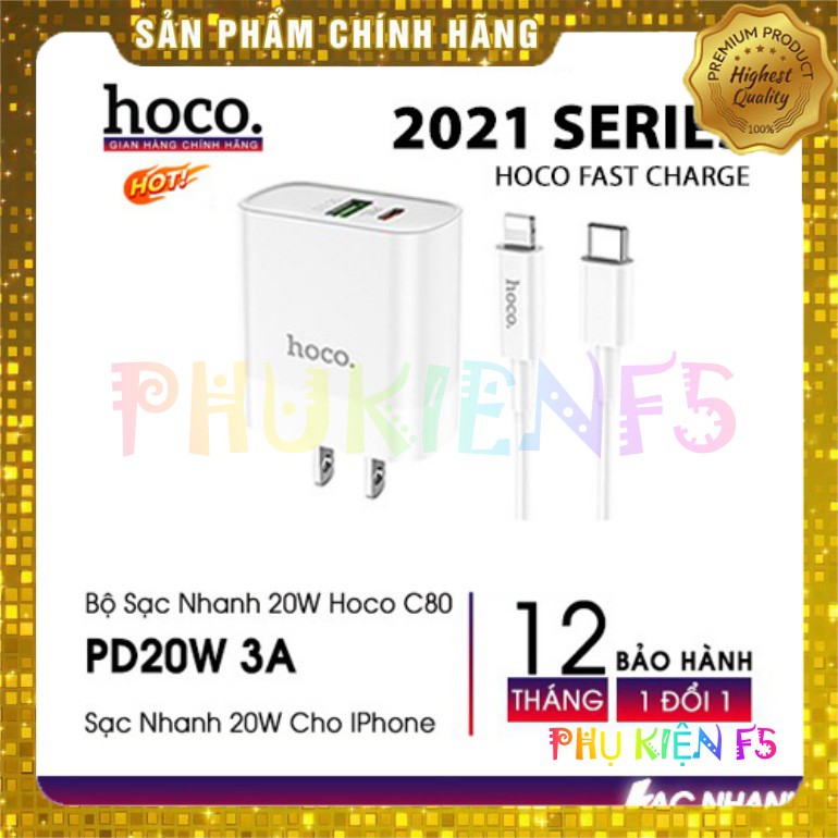 Bộ Sạc Nhanh IPhone PD20W Hoco C80 Chính Hãng Hỗ Trợ PD/QC3.0 2 C USB Và Type C , Có Kèm Cáp Type C To Lightning PD 1M