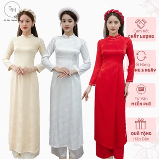 Áo dài cô dâu, áo dài truyền thống lụa gấm hoa đính hạt trai viền cổ,tay tà áo