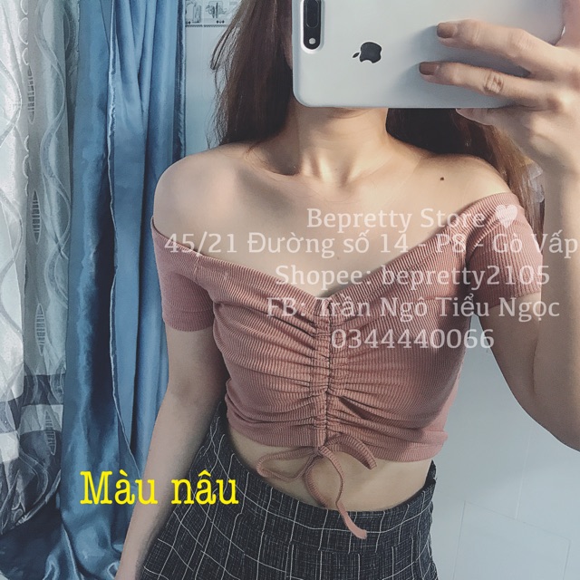Áo croptop bẹt vai dây rút tay ngắn | BigBuy360 - bigbuy360.vn