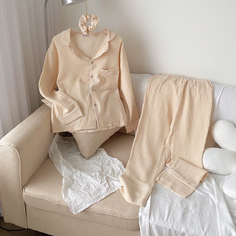 [ Ảnh thật ] Sét bộ ngủ pyjama chất đũi xươc  trơn cổ vest
