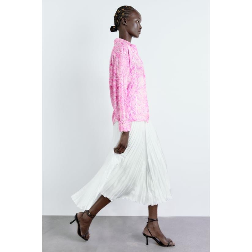 Made in Morocco - Áo Sơ Mi Zara Lụa Satin Dài Tay Dáng Rộng In Họa Tiết vằn hồng xinh AH9SMG39N7
