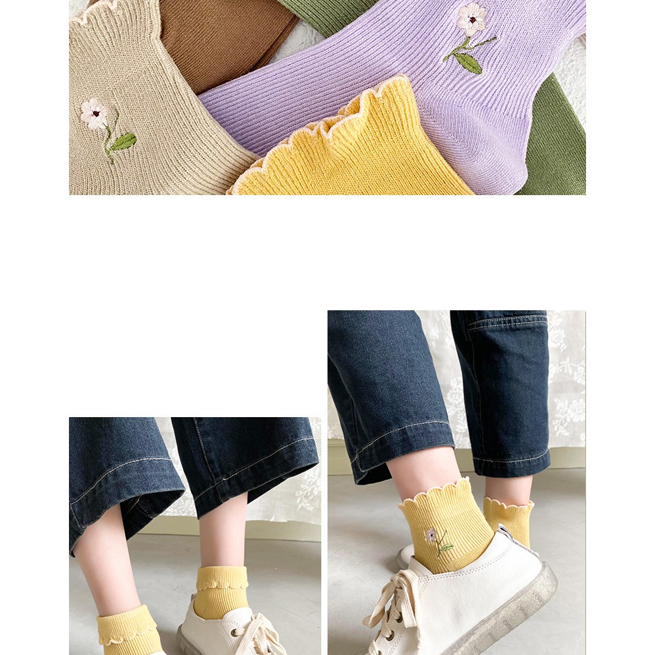 Tất cổ cao nữ Vớ nữ dài cao cổ cotton dễ thương thêu hình hoa Hàn Quốc