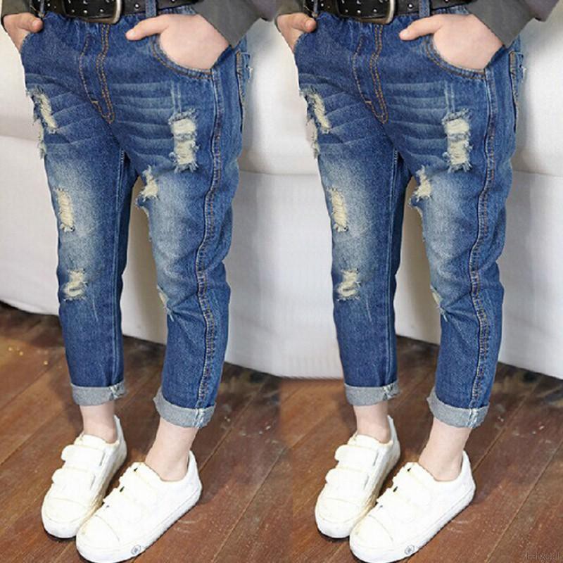 Children Ripped Hole Jeans Pants Spring Kids Broken Denim Trousers For Baby Girl