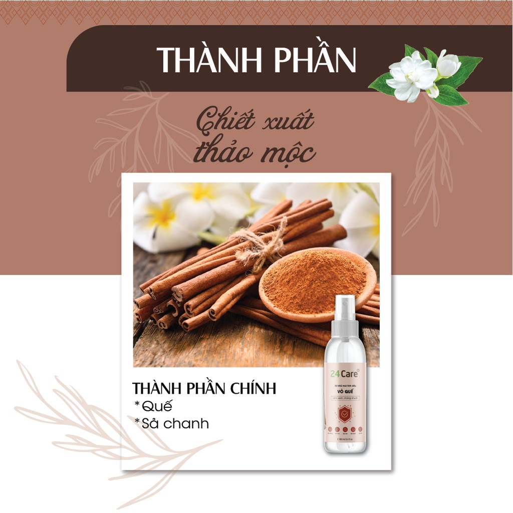 Xịt Phòng Tinh Dầu Quế Hữu Cơ Organic 24Care 50ML - Kháng khuẩn - Khử mùi hôi - Đuổi muỗi, côn trùng - Định tâm