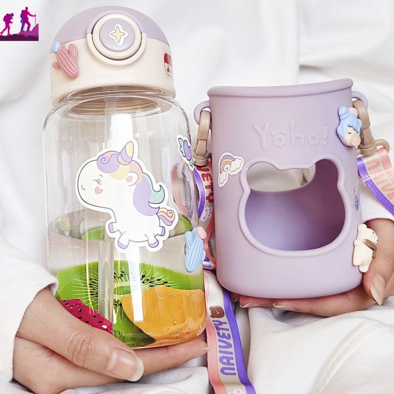 620ml Bình Nước Nhựa Mùa Hè In Hình Hoạt Hình Dung Tích Lớn Có Ống Hút Cho Trẻ Em Văn Phòng