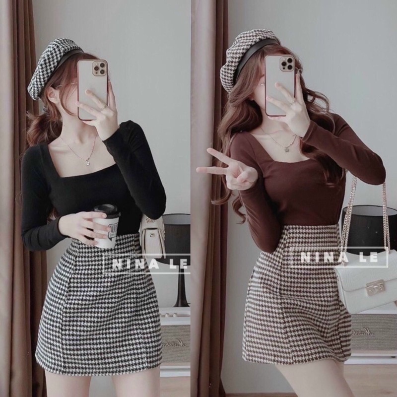 (Shop bigsize nữ 50kg-90kg) Set áo thun gân tay dài mix chân váy A caro