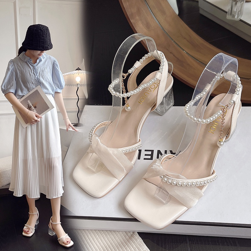 Giày Cao Gót Da Pha Lê Trong Suốt Phối Dây Đeo Mắt Cá Chân Cho Nữ