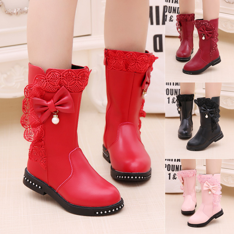 Giày boots phối ren đính nơ dễ thương xinh xắn phong cách thời trang Hàn Quốc dành cho bé gái