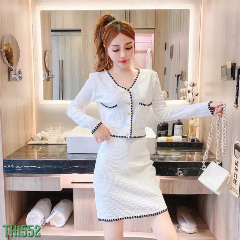 [ Giá Sỉ ] Áo len cổ tim kèm chân váy bút chì, sét len hàng quảng châu loại 1