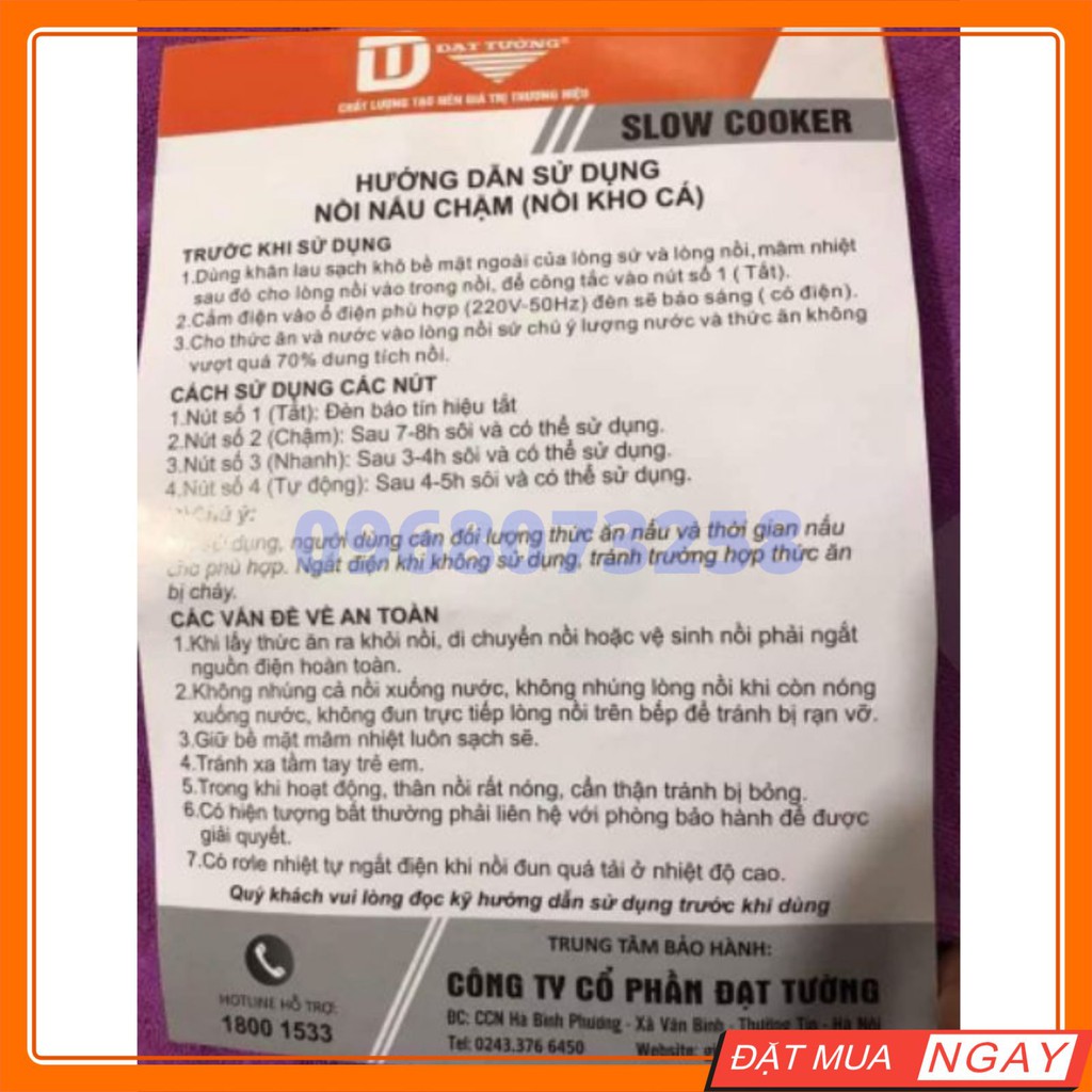 Nồi Kho Cá Điện Đạt Tường (2,5 L) – Nồi Hầm Cháo Chậm Đa Năng Chính Hãng Giữ Nhiệt Cực Tốt