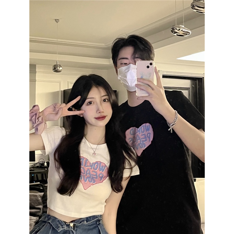 Áo Thun Đen Tay Ngắn Dáng Rộng In Họa Tiết Trái Tim Phong Cách Hàn Quốc Thời Trang Cho Nữ