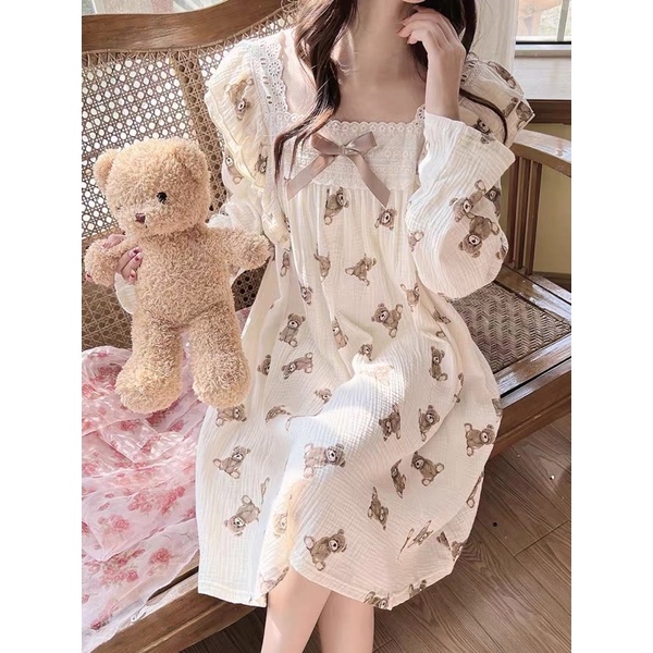 Đầm Ngủ Công Chúa Phối Ren Nơ Hoạ Tiết Gấu Nâu Siêu Dễ Thương