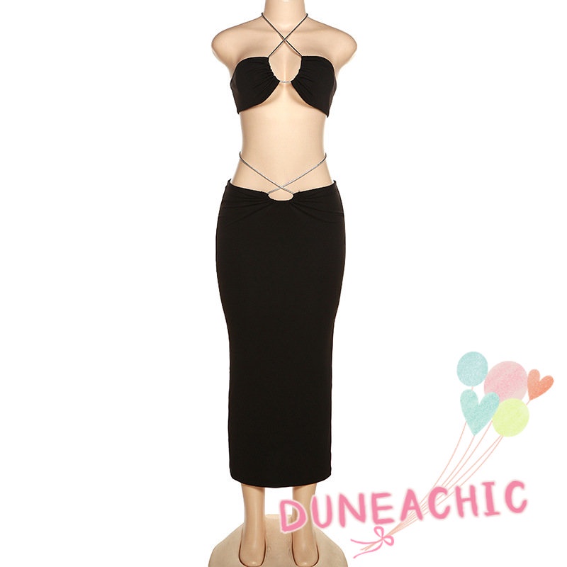DUNEA Set Áo Tank Top Trễ Vai Phối Chân Váy Cột Dây Thời Trang Trẻ Trung Cho Nữ