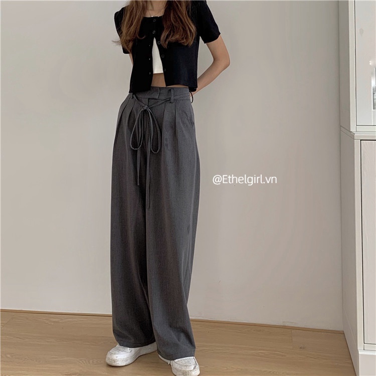 Quần ống rộng eo cao màu xám phong cách Hàn Quốc cá tính cho nữ