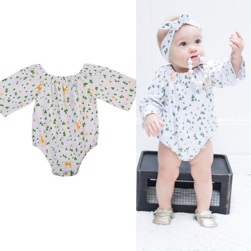 Bộ áo liền quần chất liệu cotton in hoạ tiết nai thời trang dành cho bé gái sơ sinh