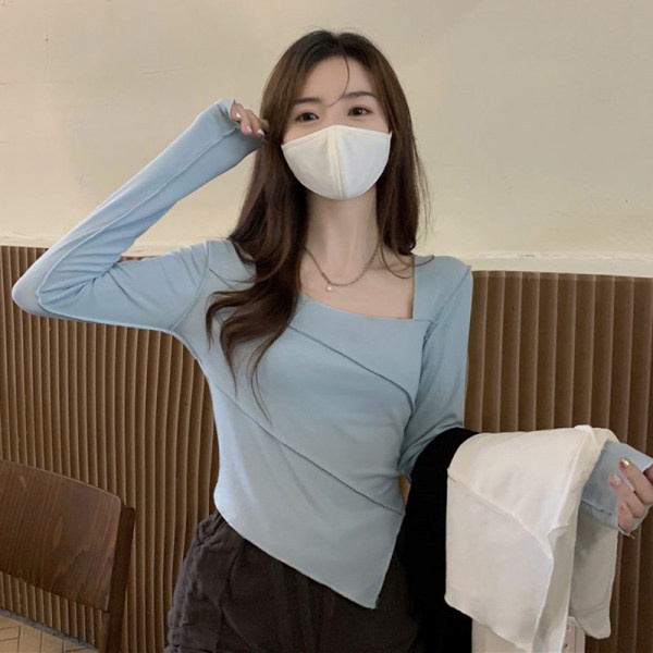 Áo Thun Nữ Dài Tay Cổ Vuông Màu Trơn Phong Cách Hàn Quốc Mới