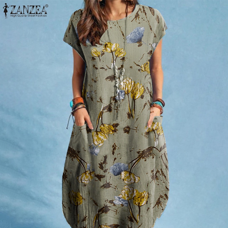 Đầm midi Zanzea tay ngắn cổ tròn in họa tiết hoa thời trang cho nữ