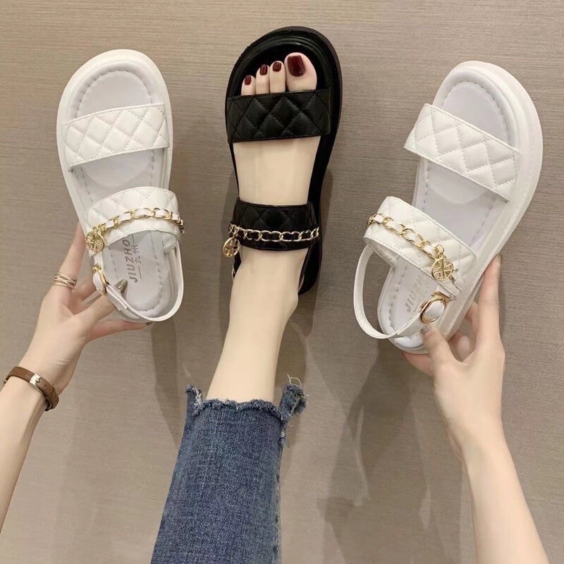 Dép sandal nữ quai hậu học sinh đi học kiểu 2 quai kẻ đi mưa xích quai dán đế bánh mì cao 3 phân sinh viên-giày dép 97