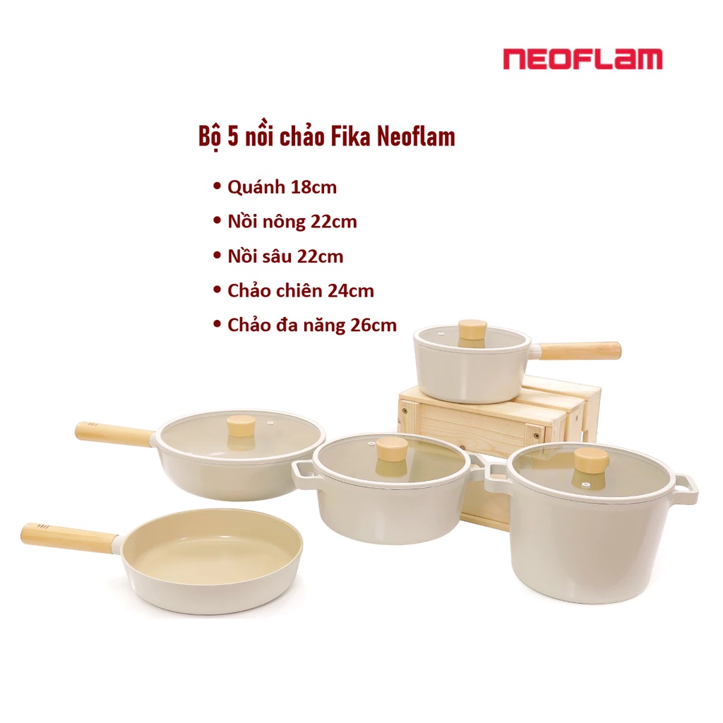 [Chính hãng Neoflam] Bộ 5 nồi chảo chống dính, bếp từ Fika Neoflam - Hàn Quốc (03 phương án lựa chọn)