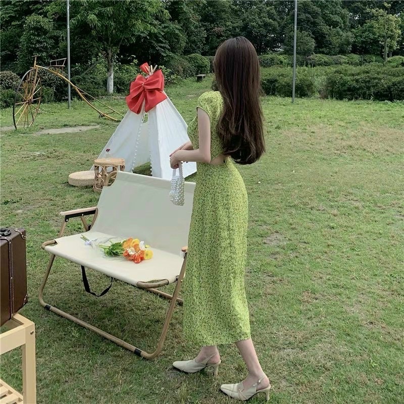 ĐẦM MIDI XANH HOA NHÍ TAY TIÊN CUT OUT LƯNG