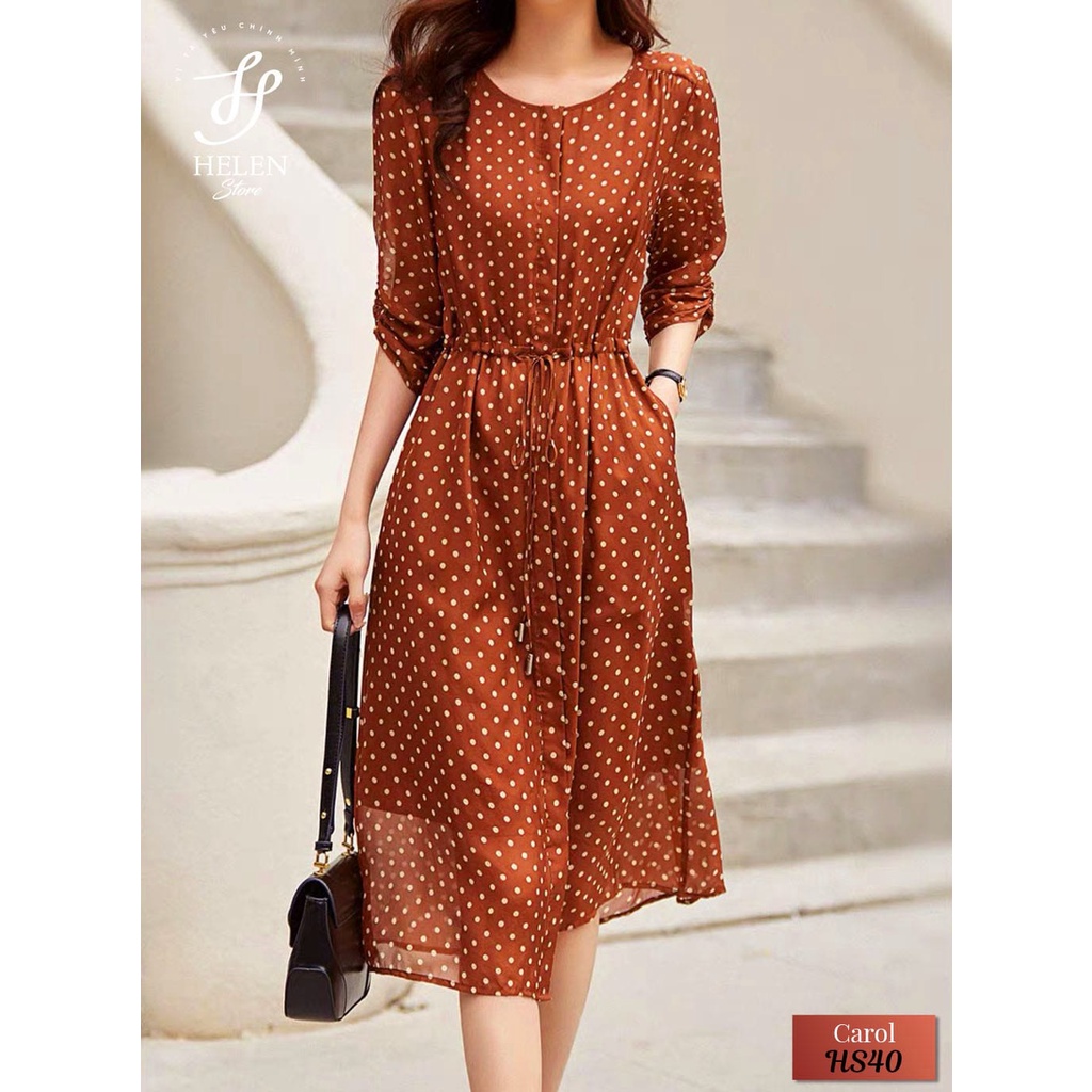Đầm dài phom suông họa tiết chấm bi màu cam đất trẻ trung - có Bigsize - Trung niên - Carol Dress - Helen Boutique
