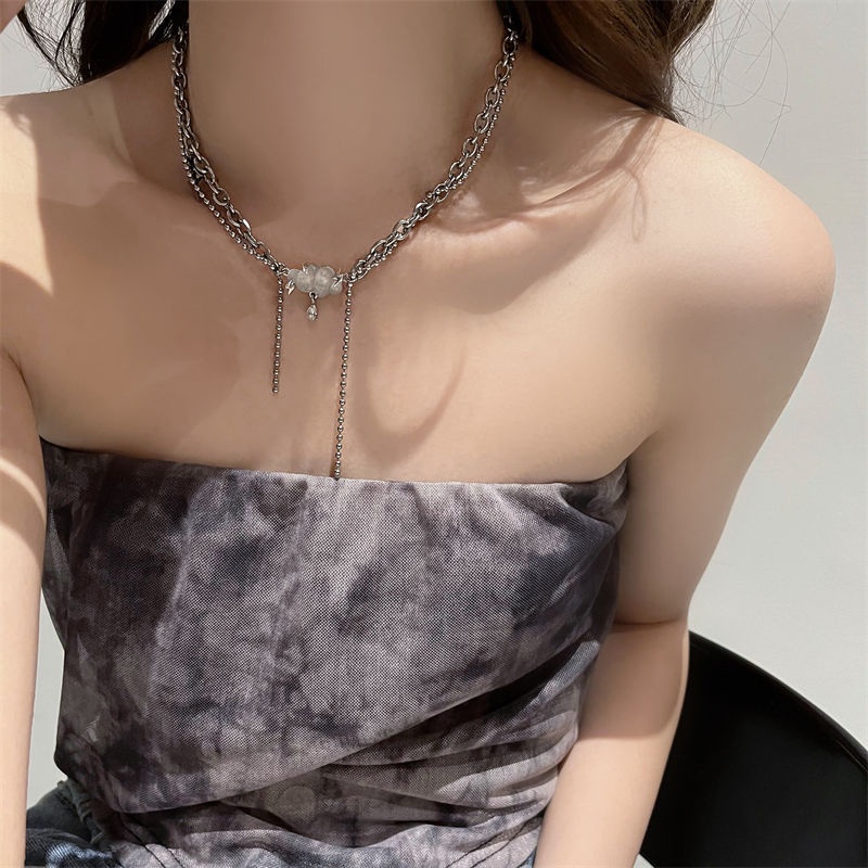 Vòng cổ Hai Lớp Phối Tua Rua Và Quả Cầu Bông Xinh Xắn Cho Nữ