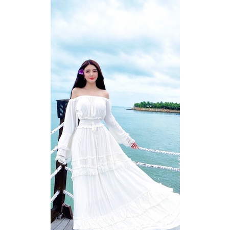 (miễn phí chỉnh váy) maxi trễ vai tay dài boho đi biển du lịch chụp hình đồi cát sống ảo thiết kế cao cấp giá rẻ