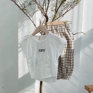 Set bộ off áo trắng quần sọc nâu hàn quốc