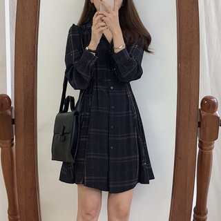 Đầm Voan Dài Tay Cổ polo Họa Tiết Ca Rô Xinh Xắn Dành Cho Nữ