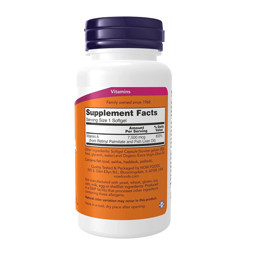 Now Viên uống Vitamin A 7500mcg  giúp bảo vệ mắt, sinh sản, tăng cường miễn dịch 250 viên