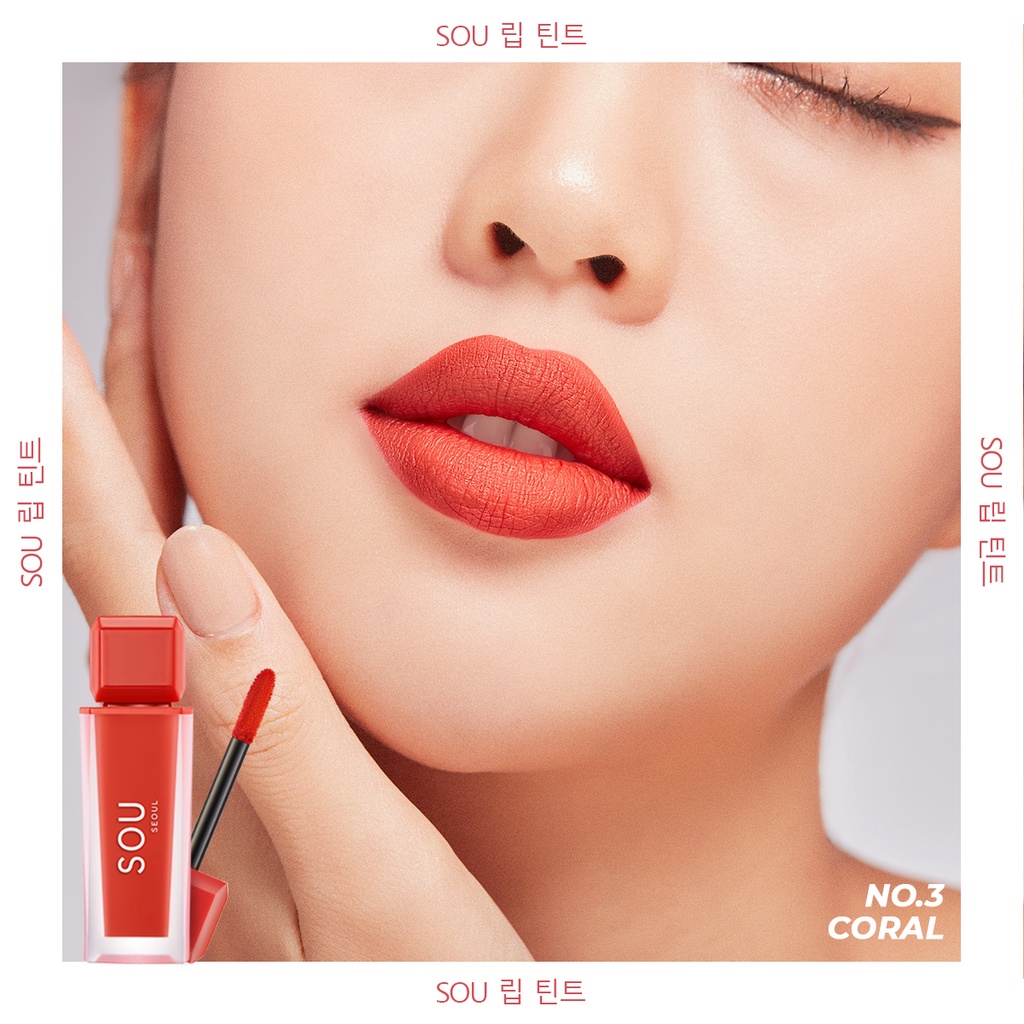 Son Kem Lì SOU Màu No.3 - Đỏ San Hô 7g, Mềm Mịn Lâu Trôi, Dưỡng Ẩm Môi Tối Ưu