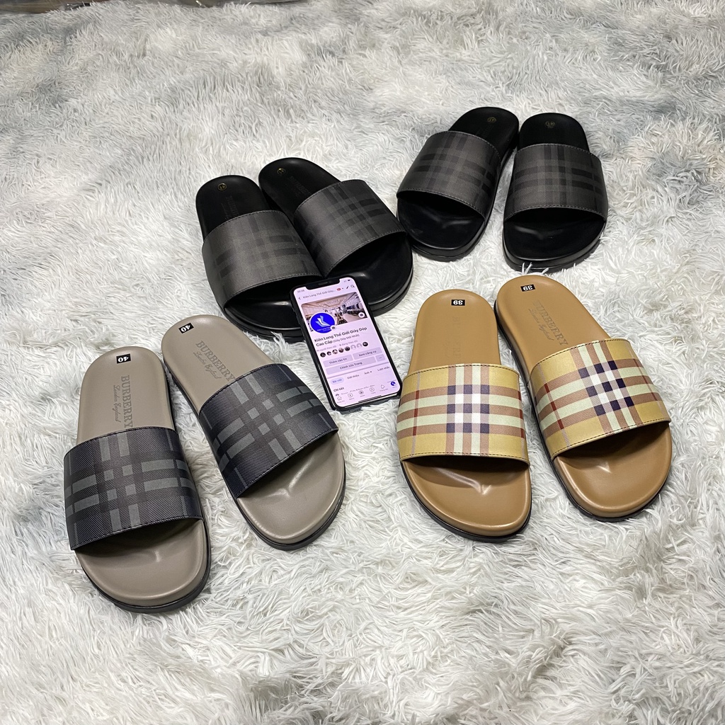 Dép Burberry bản quai da cao cấp in dập chìm , dép unisex nam nữ đế cao su non 2022