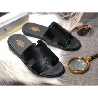 Dép nam quai ngang chữ H da trơn 2 màu đen trắng sang trọng