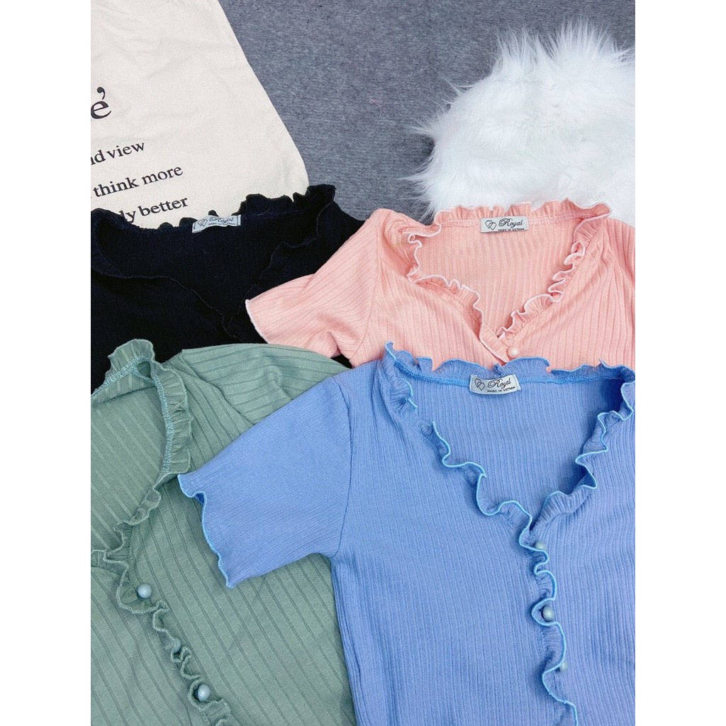 [ Ành Thật] Áo croptop viền bèo ngắn tay đơn giản thời trang