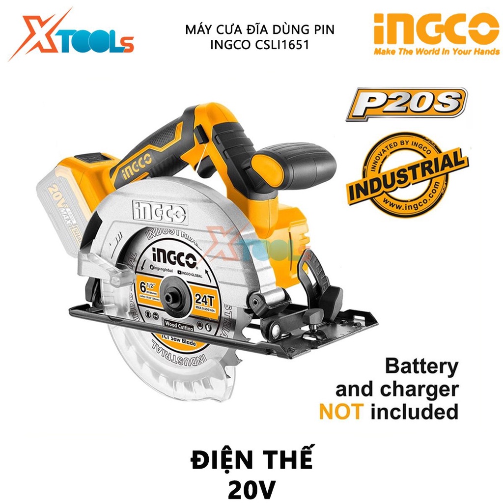 Máy cưa gỗ cầm tay dùng pin 20V INGCO CSLI1651 Máy cưa đĩa đường kính đĩa 165mm, tốc độ 3800rpm, khả năng cắt tối đa 55m