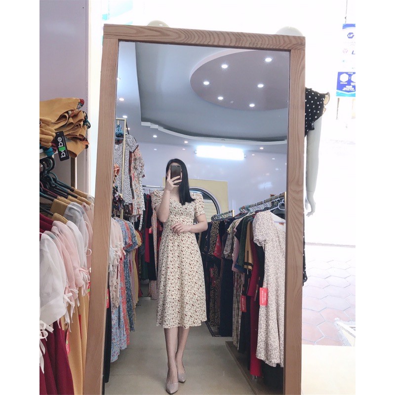 Váy hoa cổ vuông nhún eo