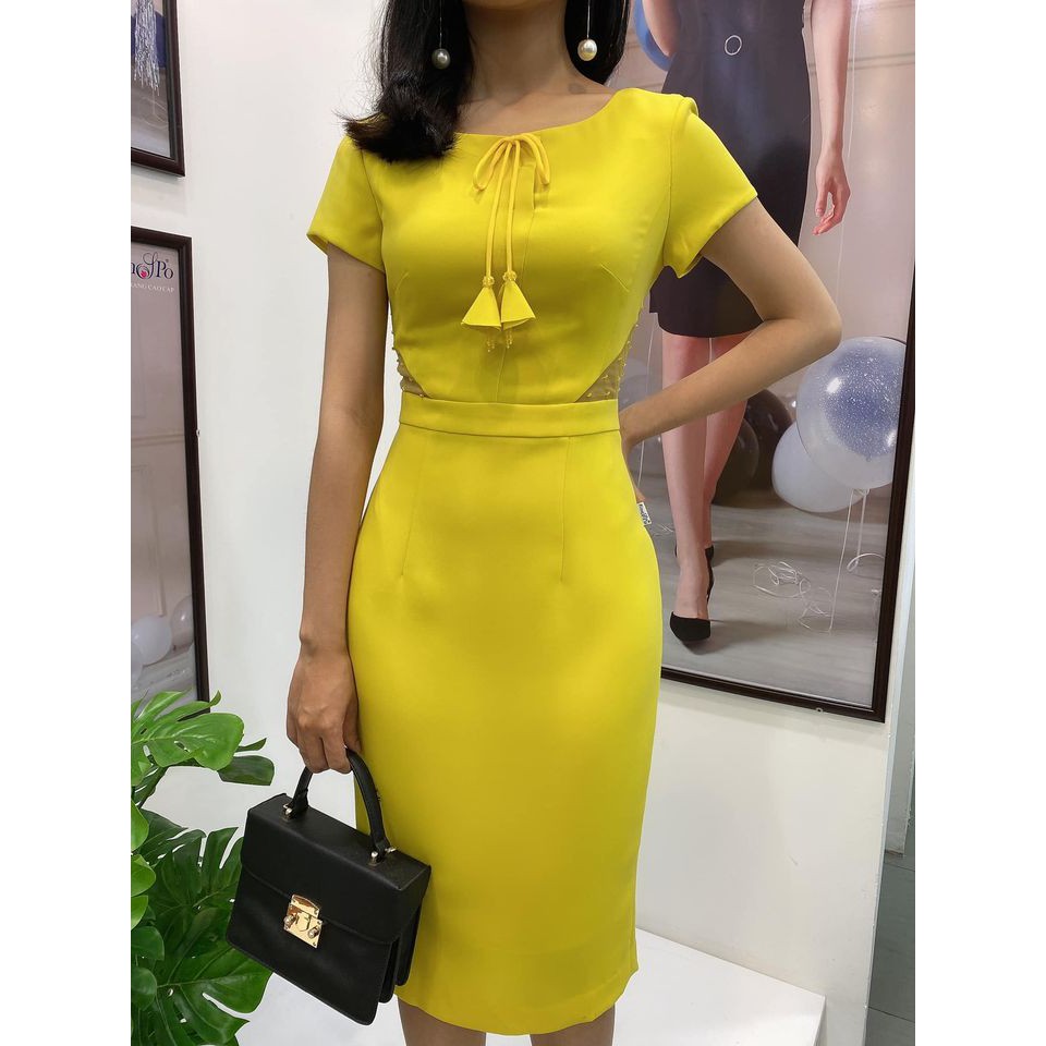 Đầm dáng ôm, cổ tròn, tay cộc Emspo DS3623 (Vàng, Đỏ)