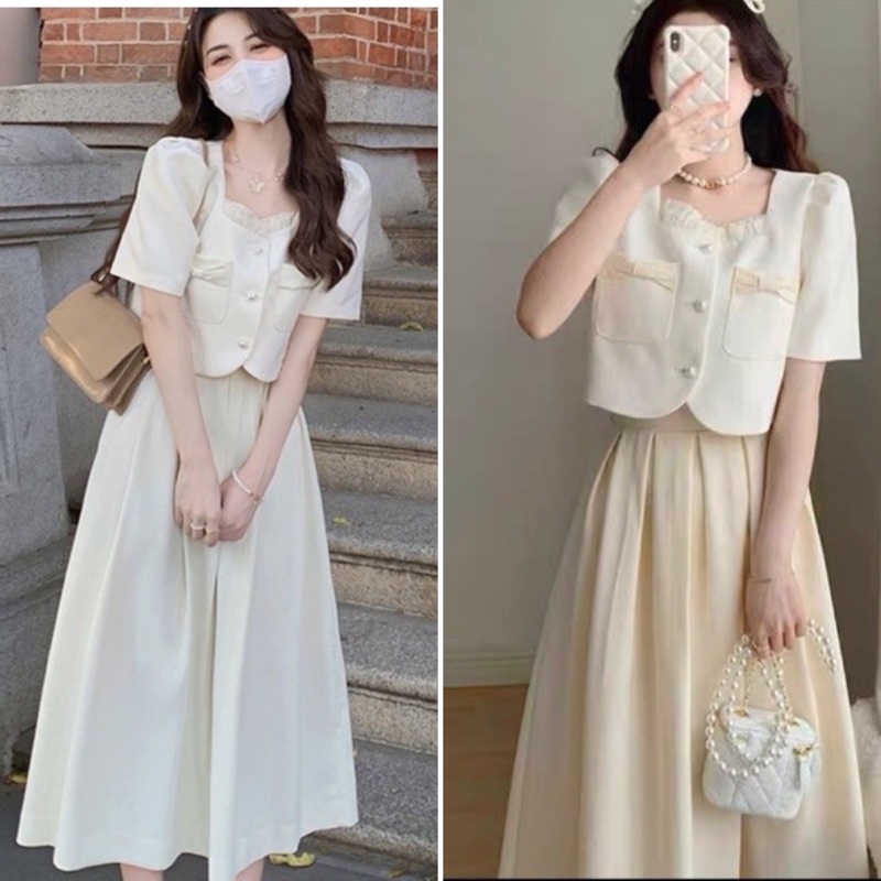 Set áo trắng túi nơ cổ vuông+chân váy Midi💖 KÈM ẢNH THẬT