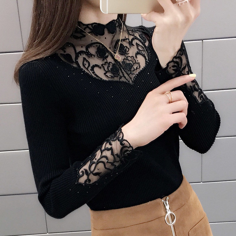 Áo sweater dệt kim tay dài cổ phối ren thời trang thu đông 2020 cho nữ