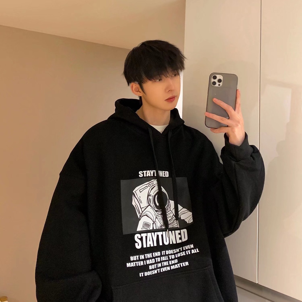 Áo Khoác Hoodie Dáng Rộng Tay Dài Phối Nhung In Hình Phi Hành Gia Hoạt Hình Size M-8XL Thu Đông Mỹ Cho Cặp Đôi Nam Và Nữ