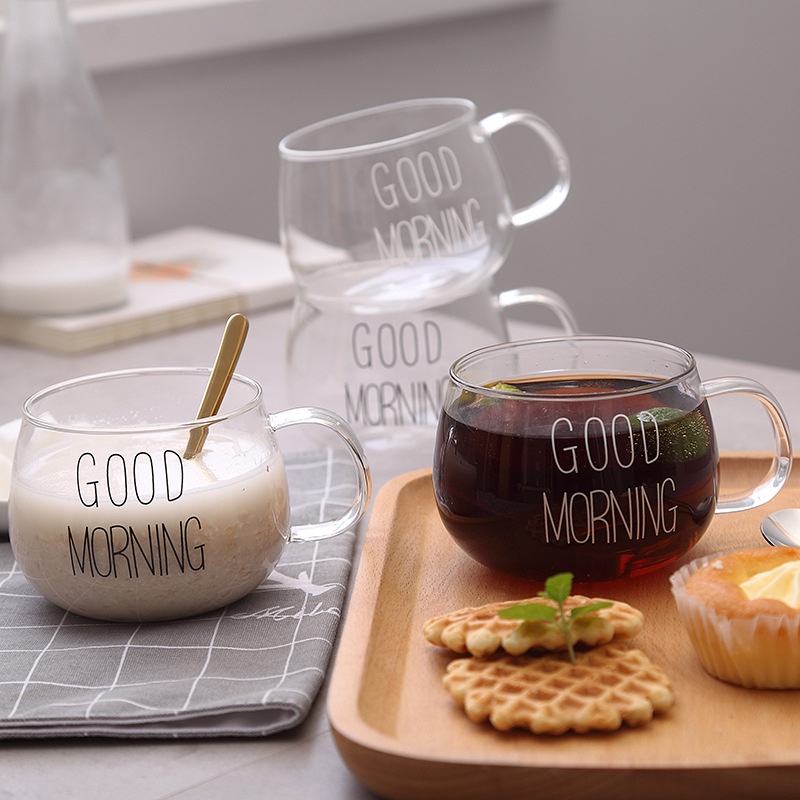 Ly thủy tinh dễ thương uống nước cute GOOD MORNING 350 ml Cốc thủy tinh chịu nhiệt có quai decor OUDECOR
