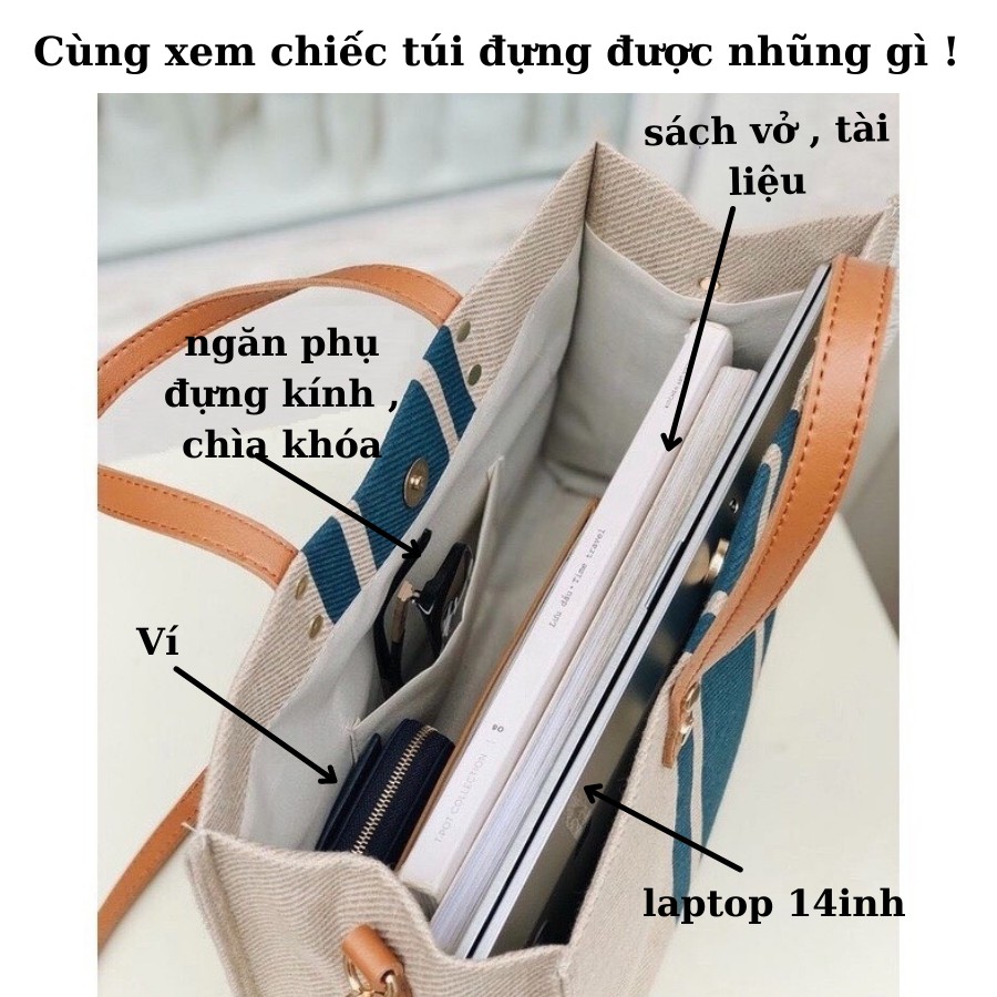 Túi Vải Cói Công Sở Kẻ Sọc Cỡ Lớn Đựng Laptop, Sách Vở, Tài Liệu, Đi Học, Đi Làm, đi du lịch